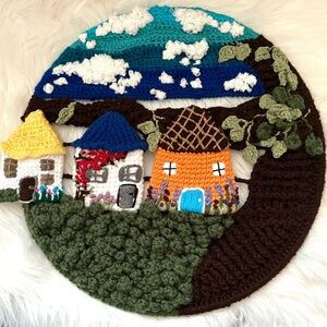 Handmade Crochet Embroidery Colorful Village Wall Art | Houses, Leaves, Clouds